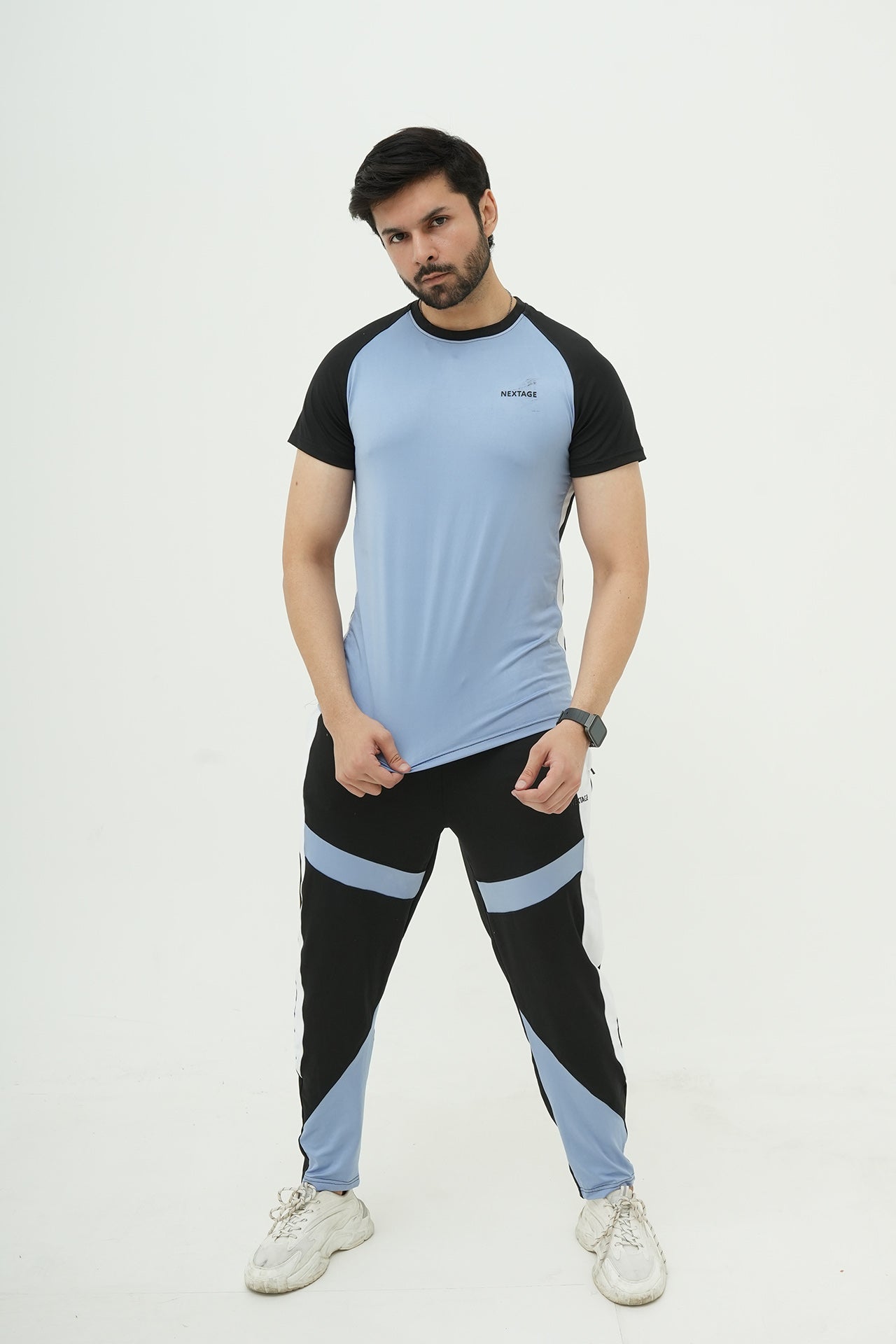 Sky Blue Black Panel Contrast Tracksuit