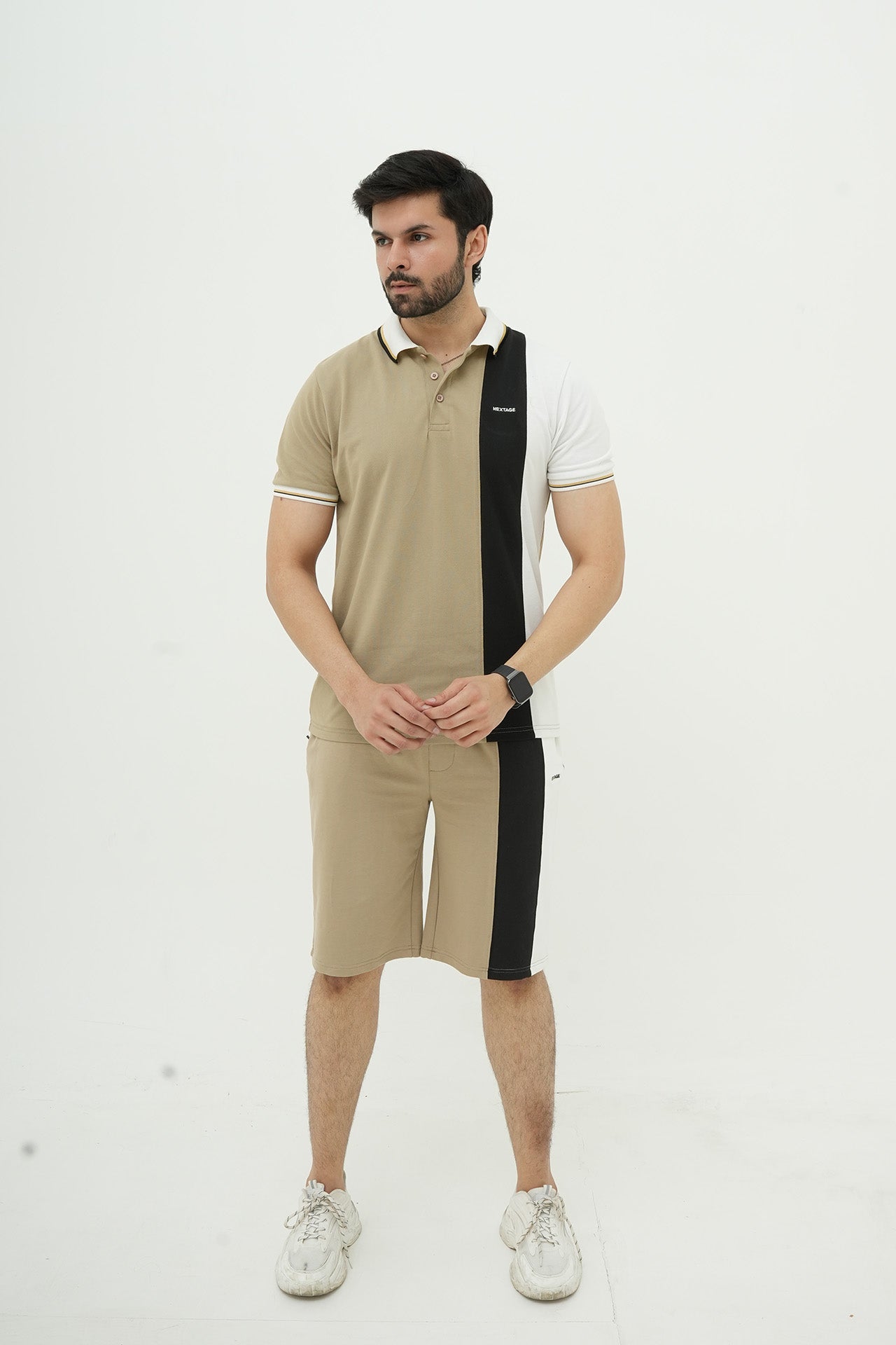 Beige Straight Stripe Polo Short Set
