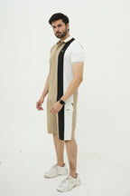 Beige Straight Stripe Polo Short Set
