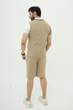Beige Straight Stripe Polo Short Set