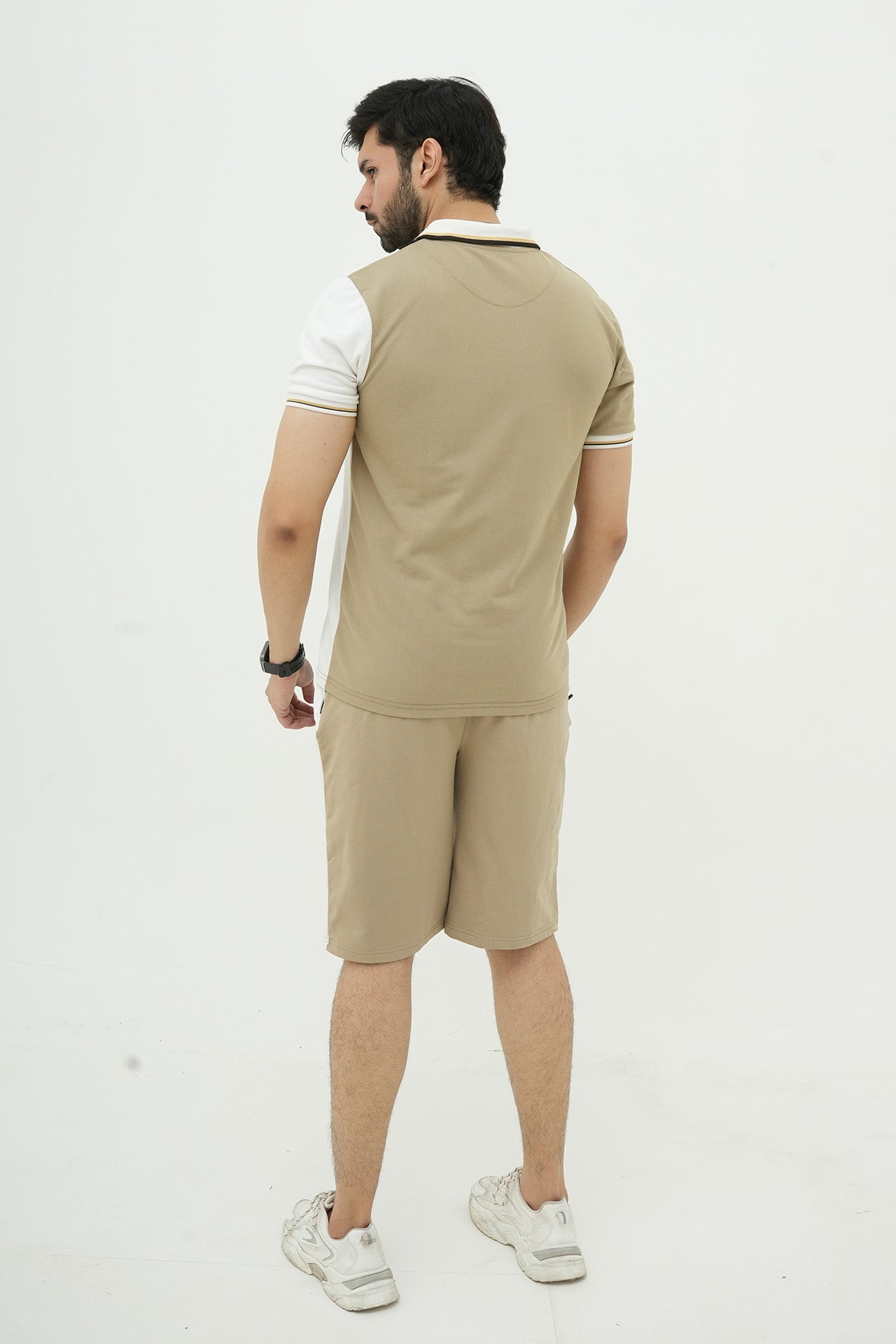 Beige Straight Stripe Polo Short Set
