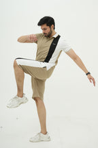 Beige Straight Stripe Polo Short Set