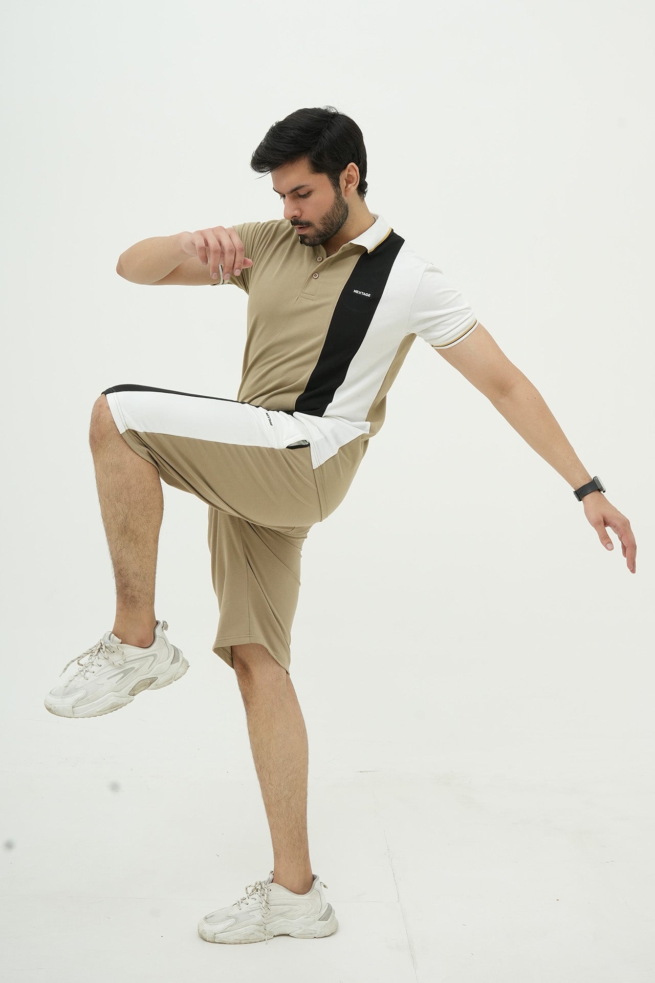 Beige Straight Stripe Polo Short Set