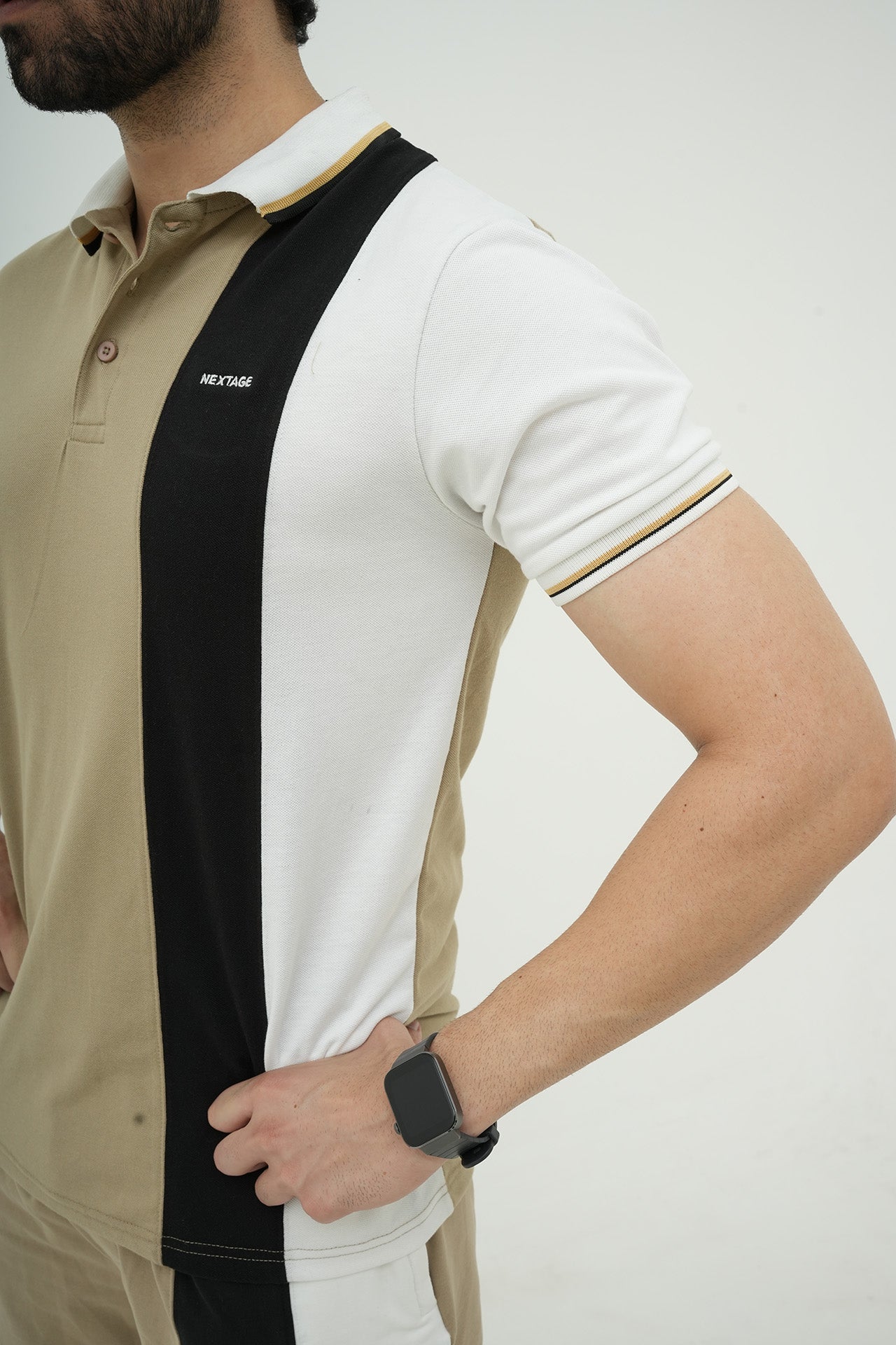 Beige Straight Stripe Polo Short Set