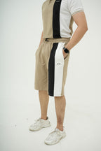 Beige Straight Stripe Polo Short Set