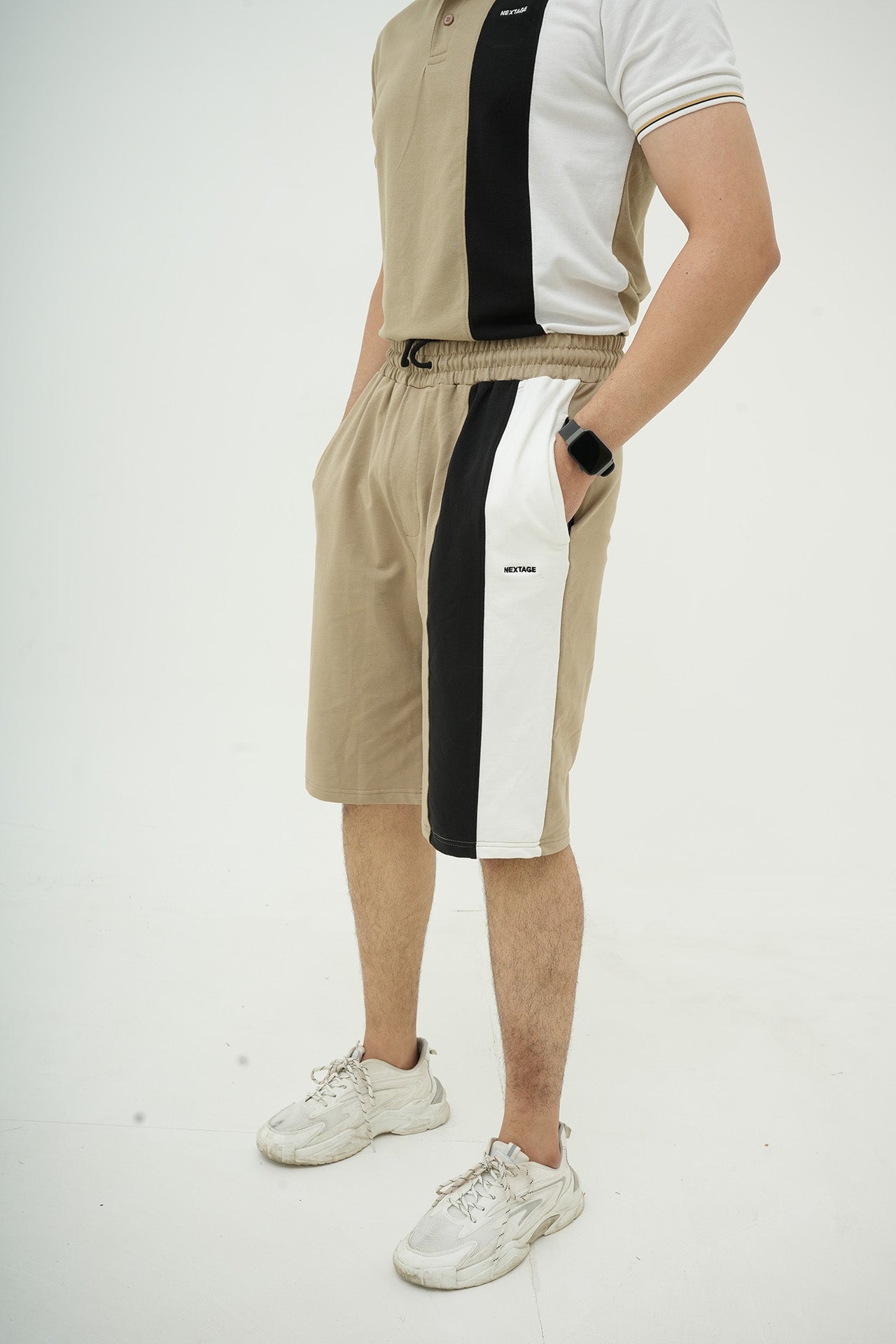 Beige Straight Stripe Polo Short Set