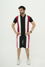 Black Maroon Striped Polo Short Set