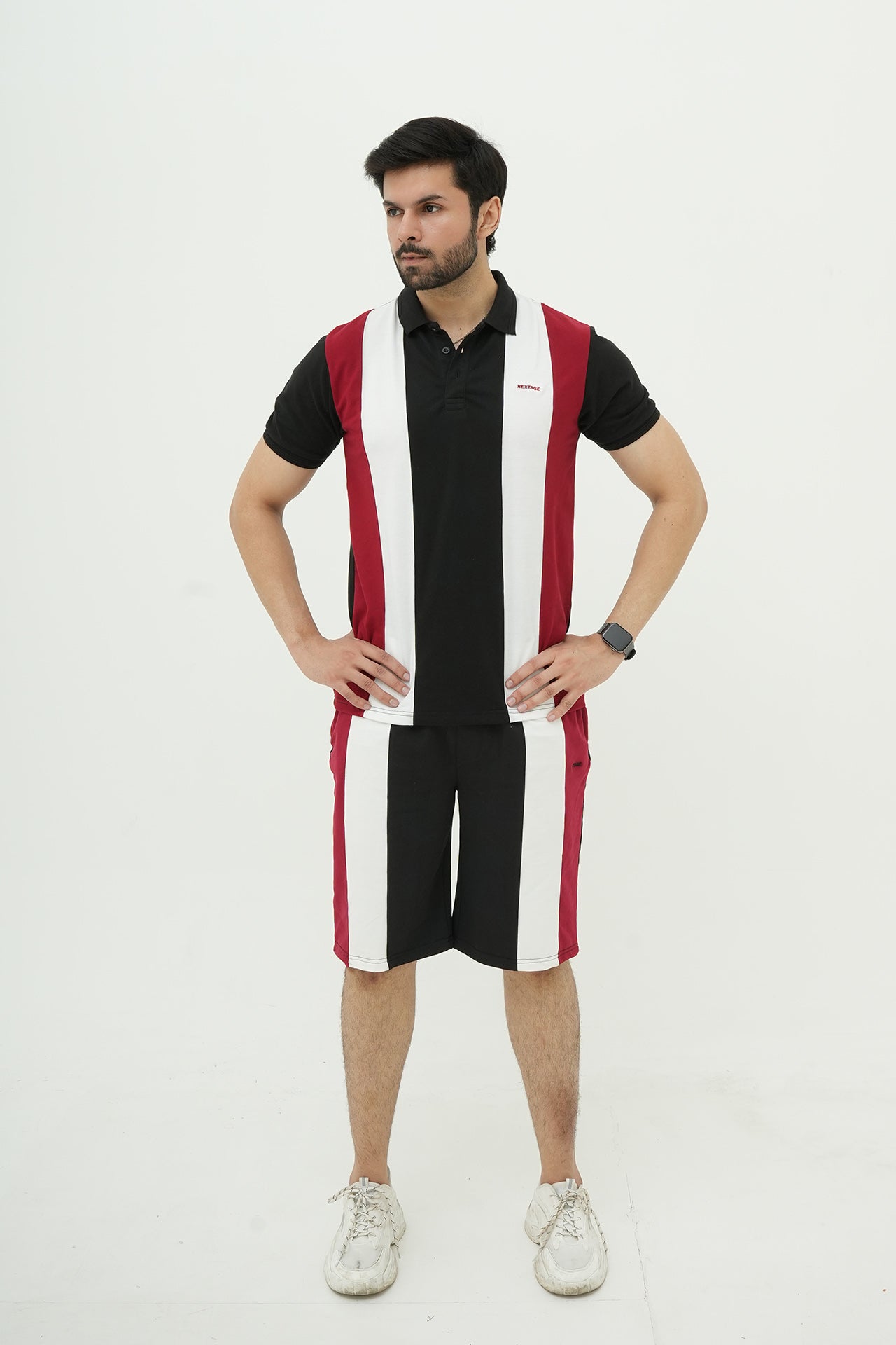 Black Maroon Striped Polo Short Set