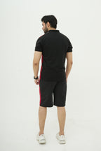 Black Maroon Striped Polo Short Set