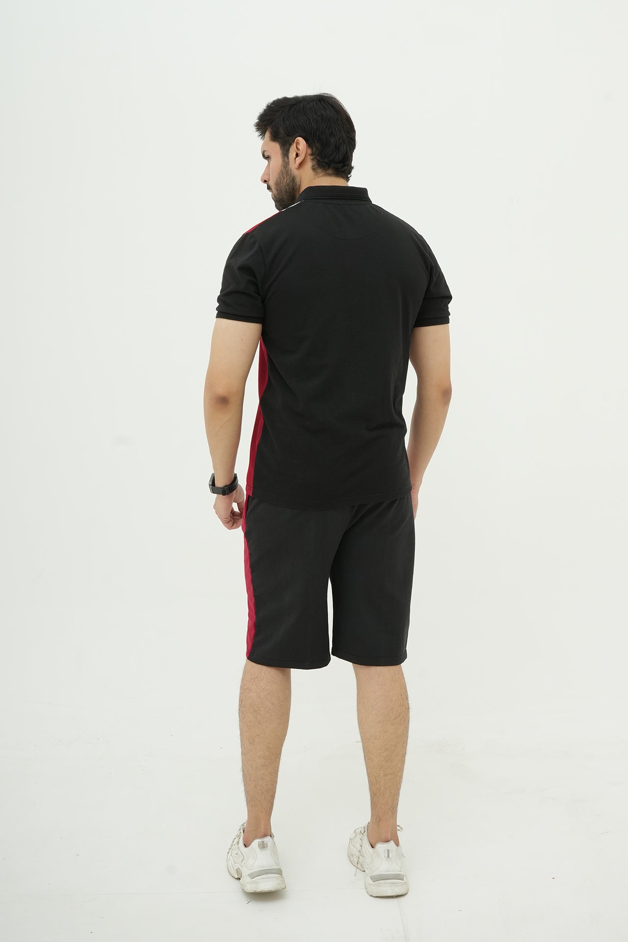 Black Maroon Striped Polo Short Set