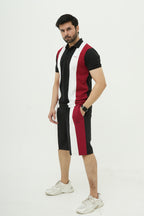 Black Maroon Striped Polo Short Set