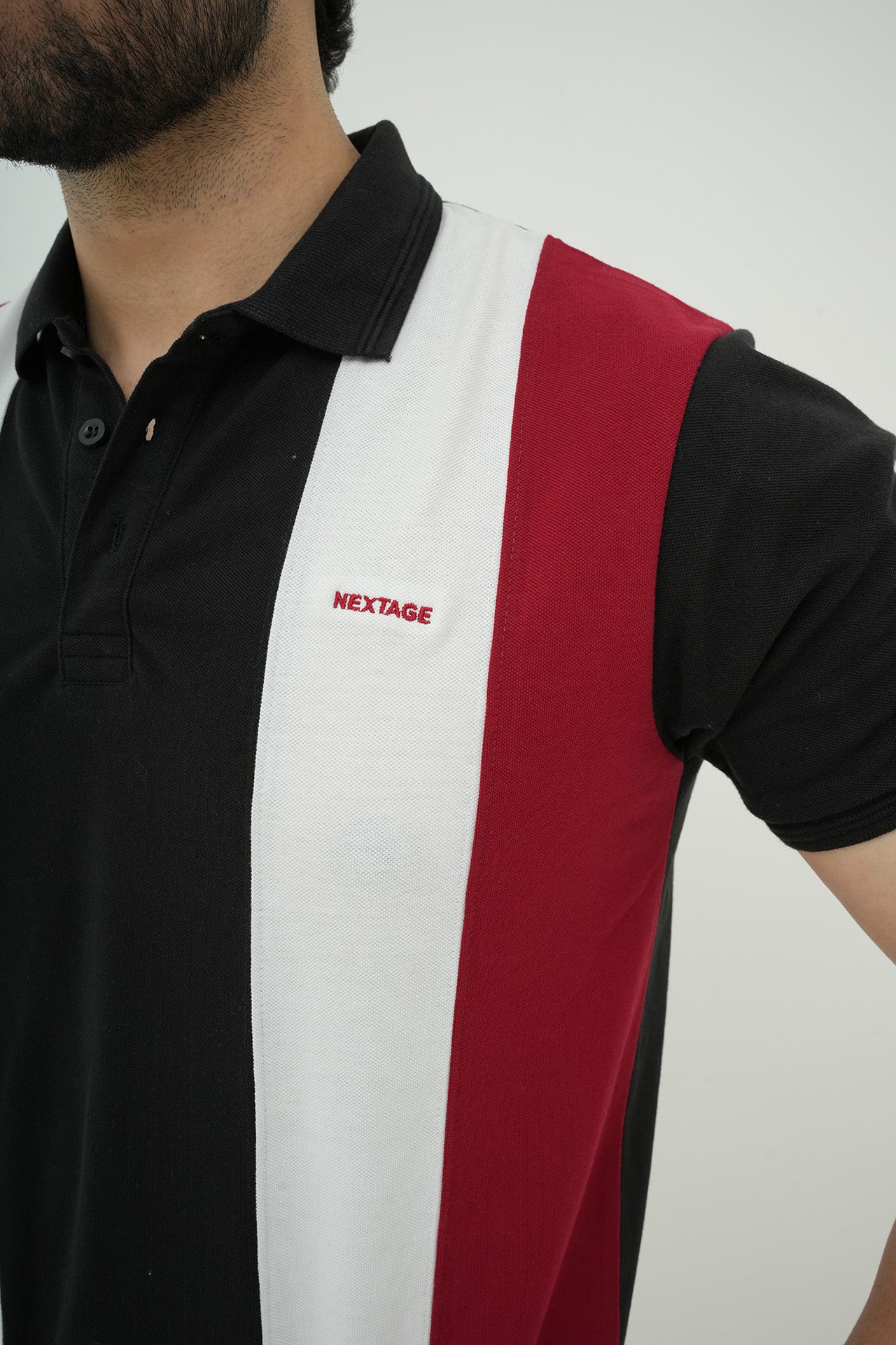 Black Maroon Striped Polo Short Set