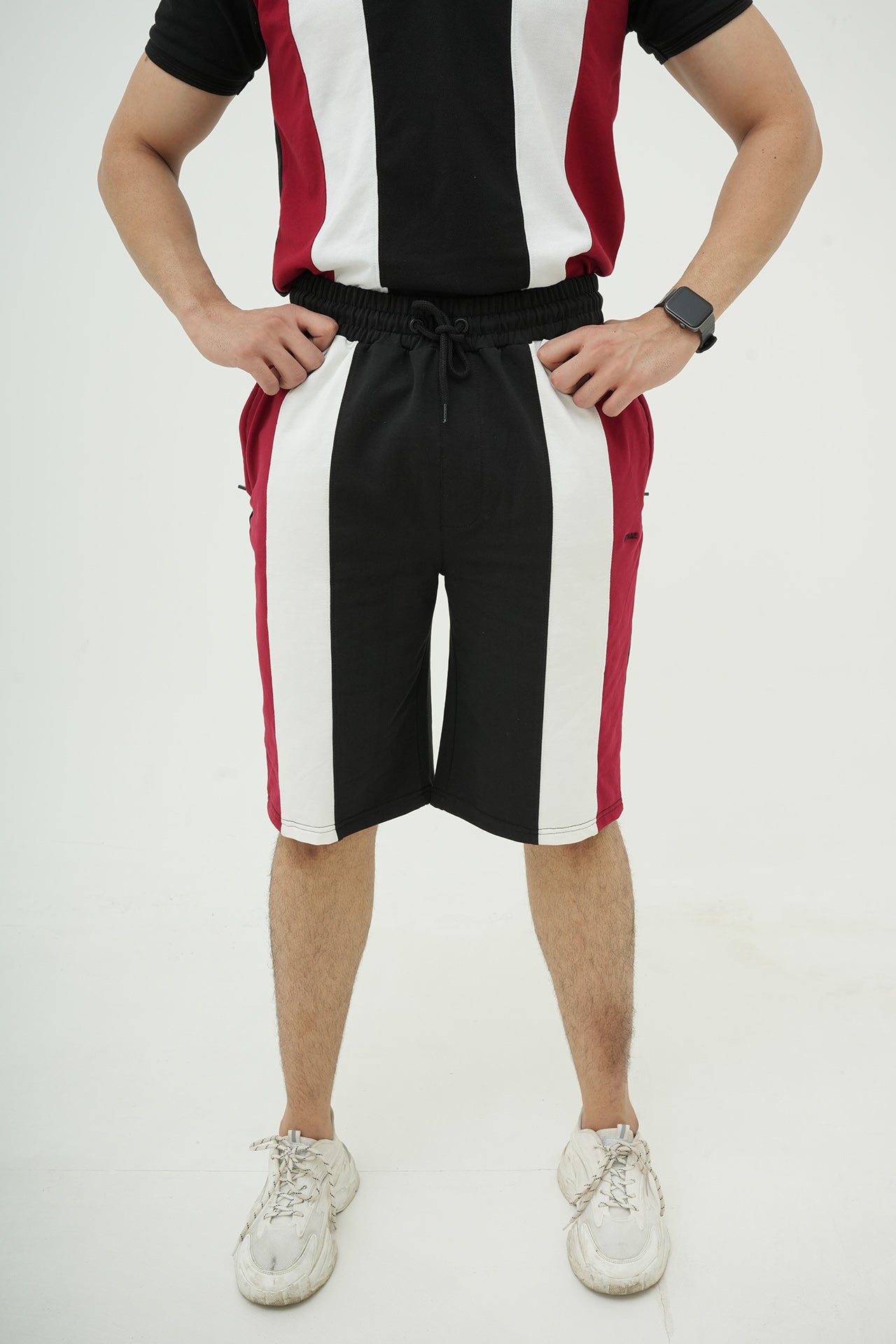 Black Maroon Striped Polo Short Set