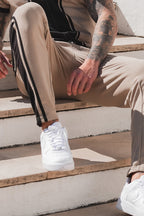 Beige Side Stripe Embroider Logo Trouser