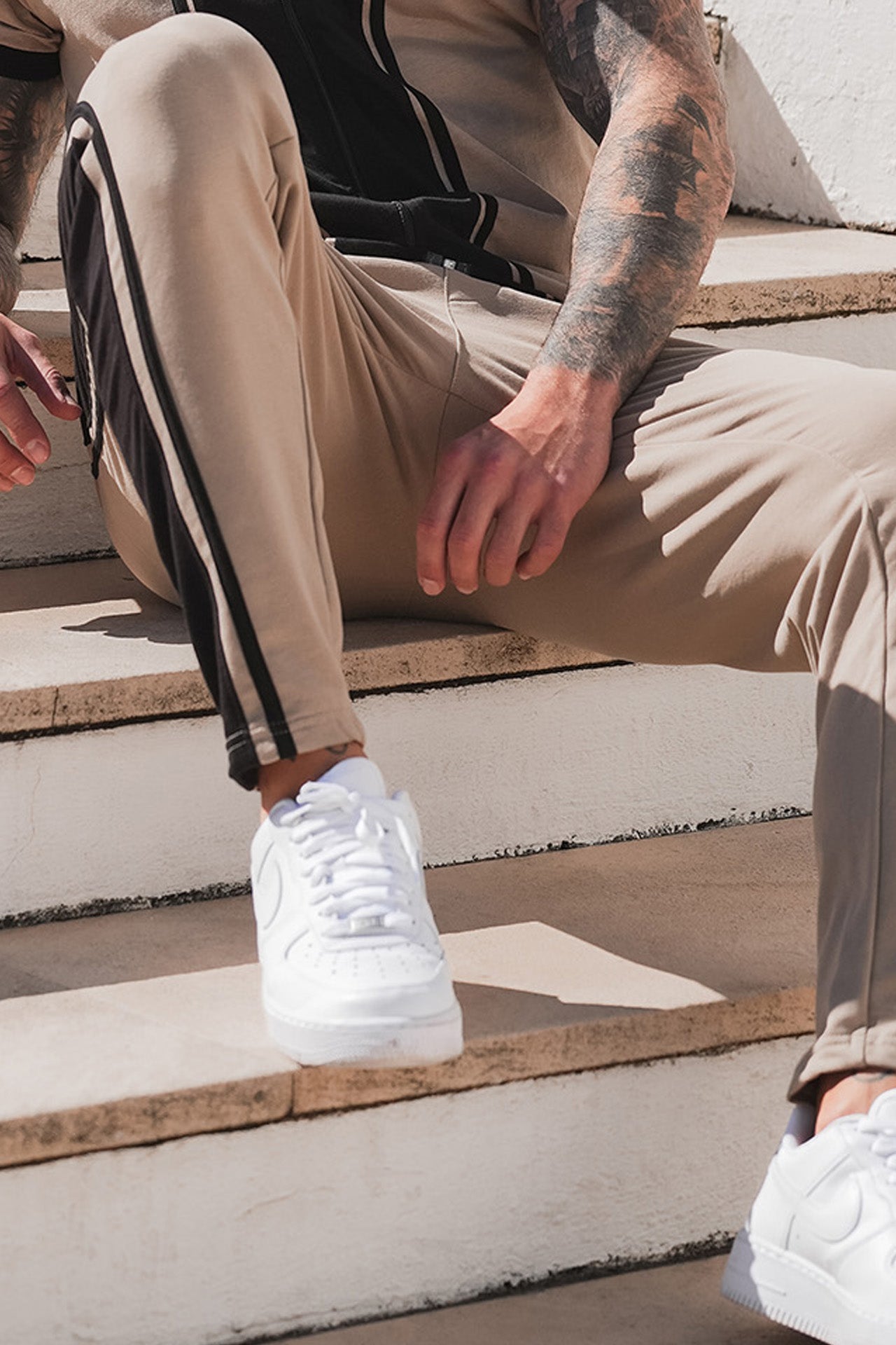 Beige Side Stripe Embroider Logo Trouser