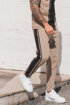Beige Side Stripe Embroider Logo Trouser