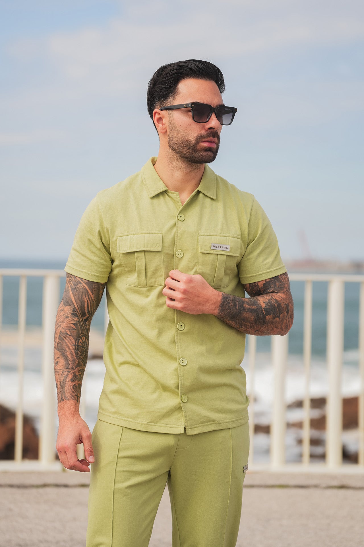 Metal Slogan Pocket Detail Green Tracksuit