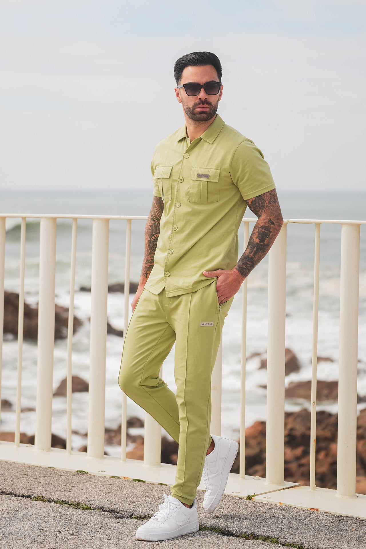 Metal Slogan Pocket Detail Green Tracksuit