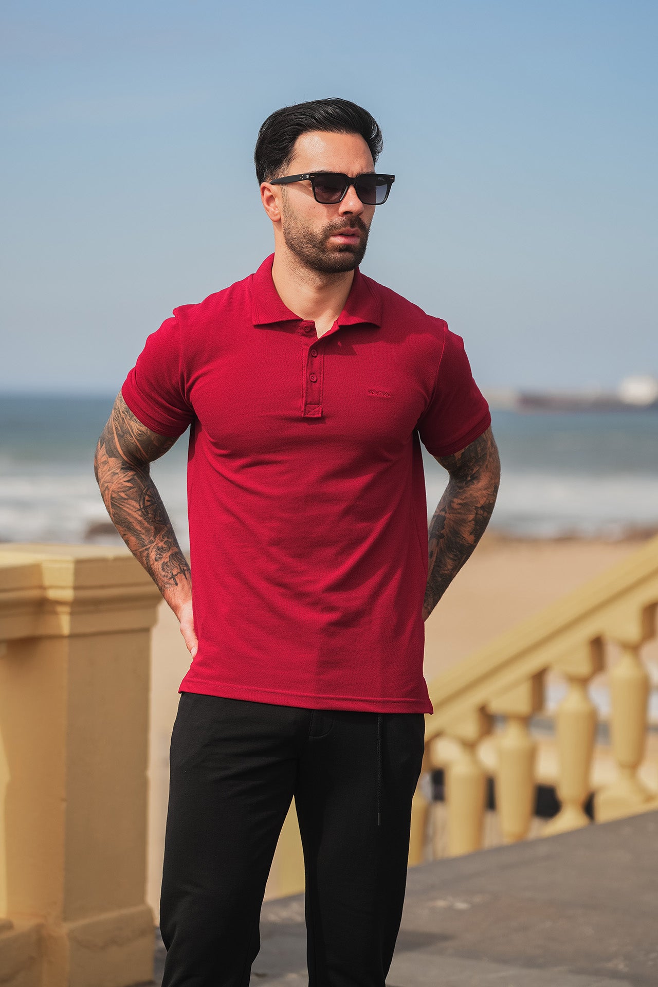 Nextage Maroon Polo Contras Black Pant Tracksuit