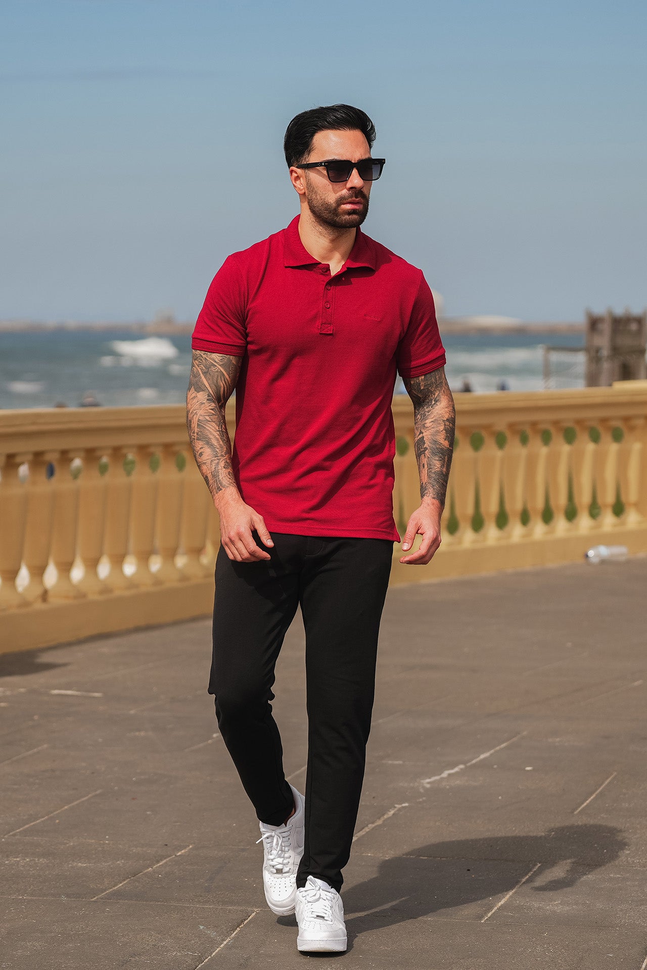 Nextage Maroon Polo Contras Black Pant Tracksuit
