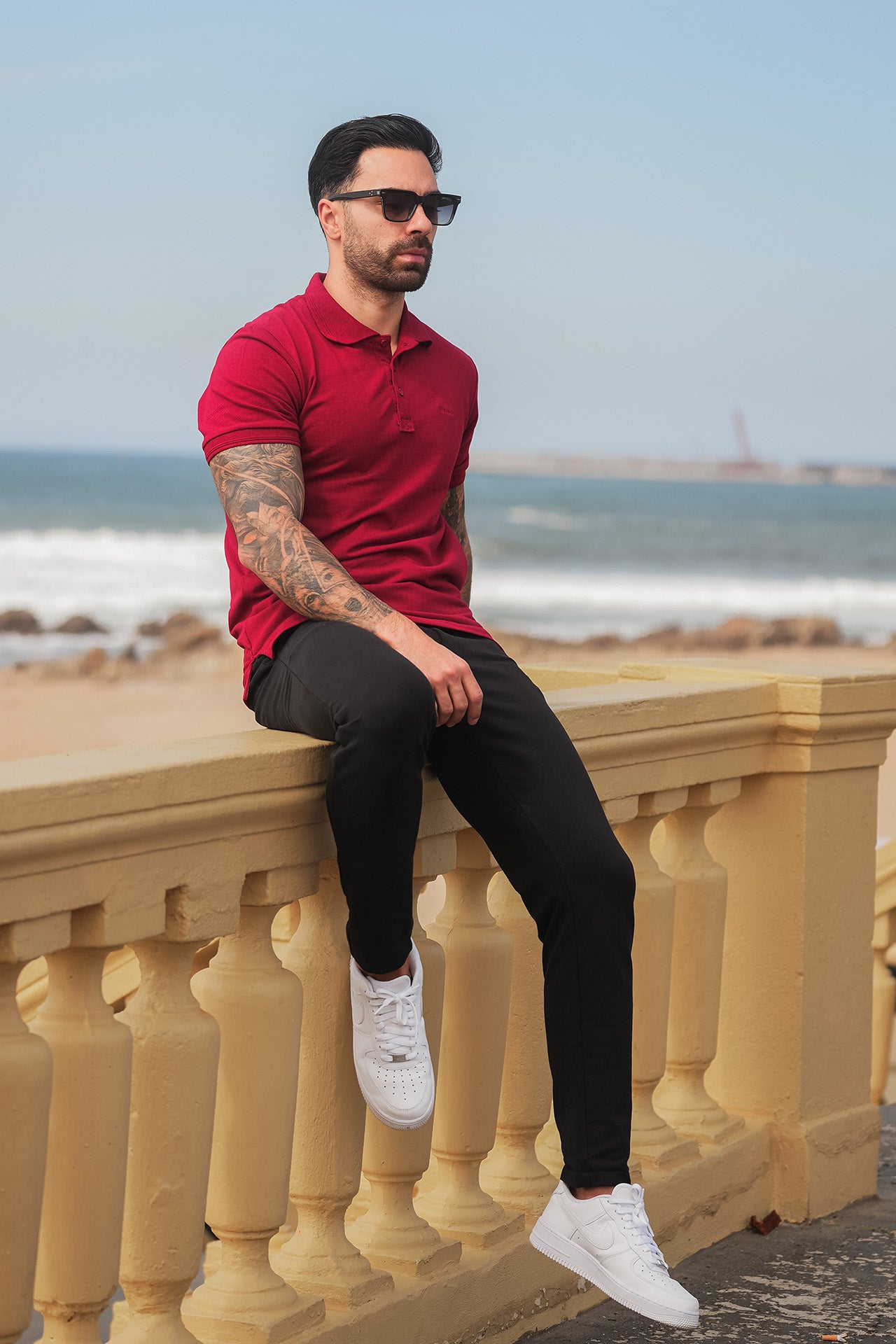 Nextage Maroon Polo Contras Black Pant Tracksuit