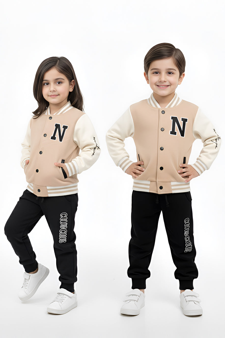 Nextage Kids Beige Varsity Jacket Tracksuit