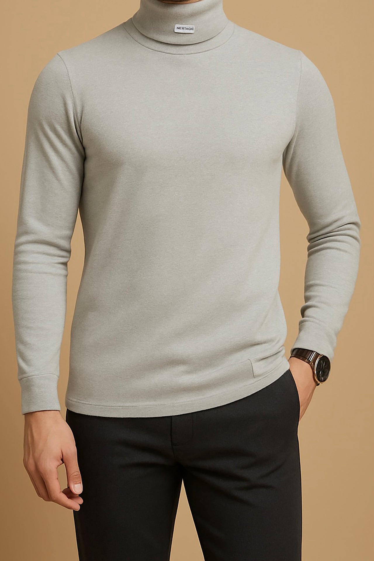Nextage Sage Green Ribbed High Neck Shirt