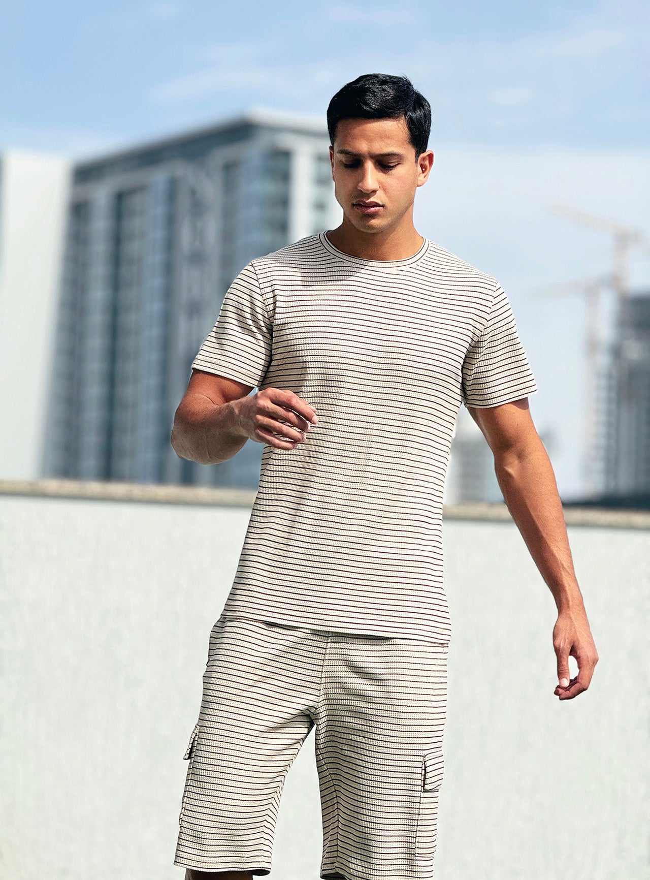 Nextage Waffle Knit Beige Cargo Short Set