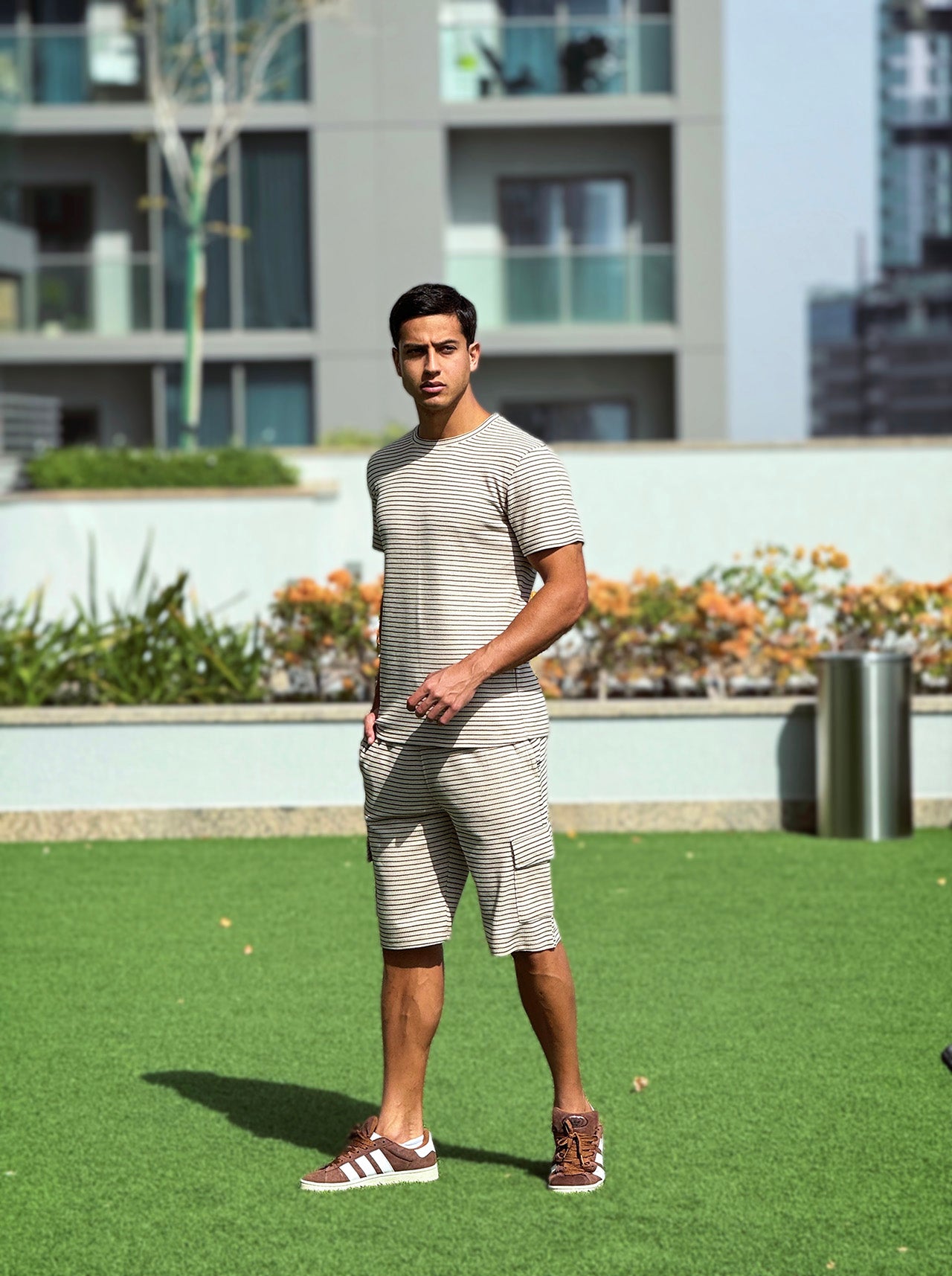 Nextage Waffle Knit Beige Cargo Short Set