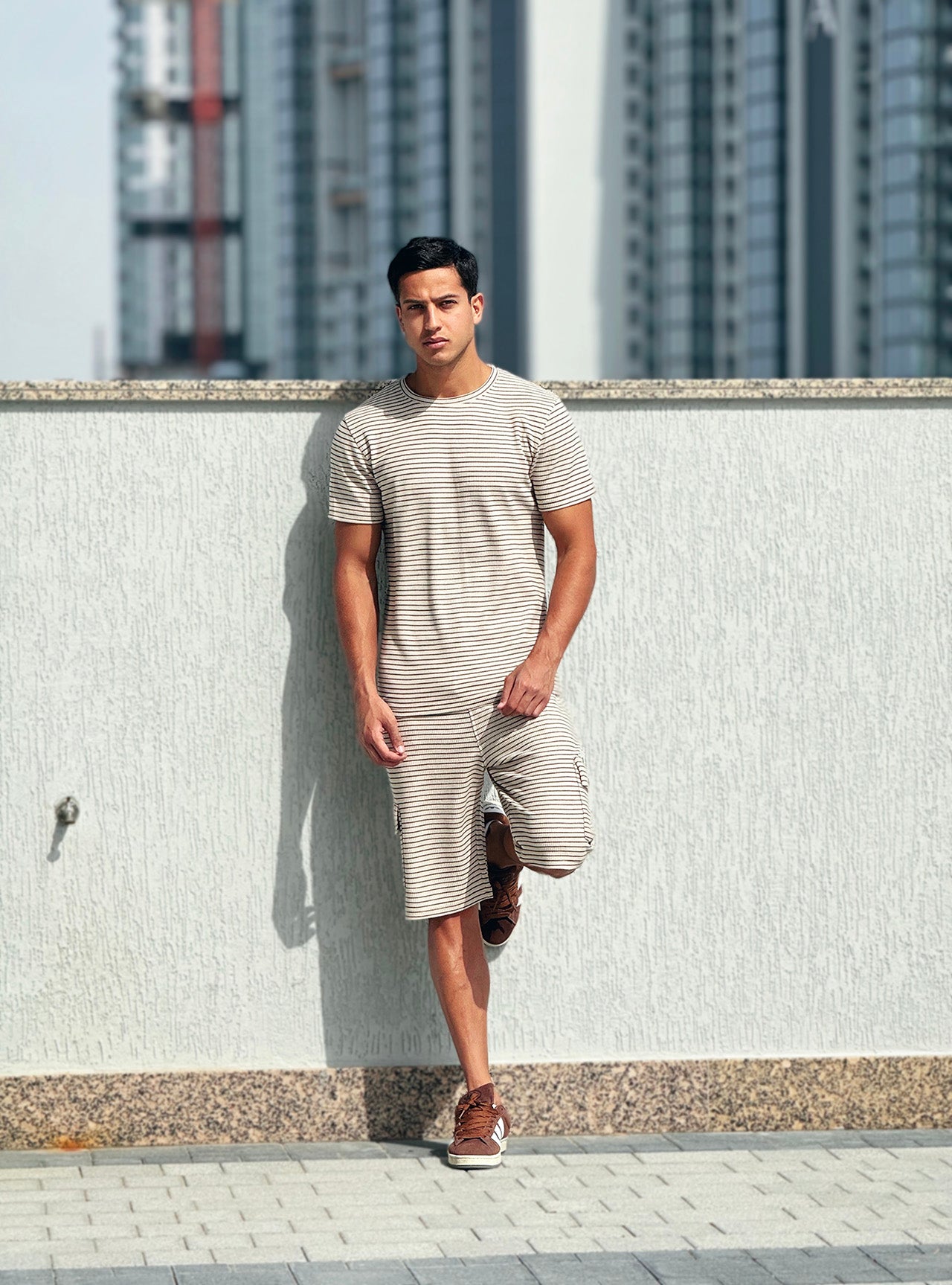 Nextage Waffle Knit Beige Cargo Short Set