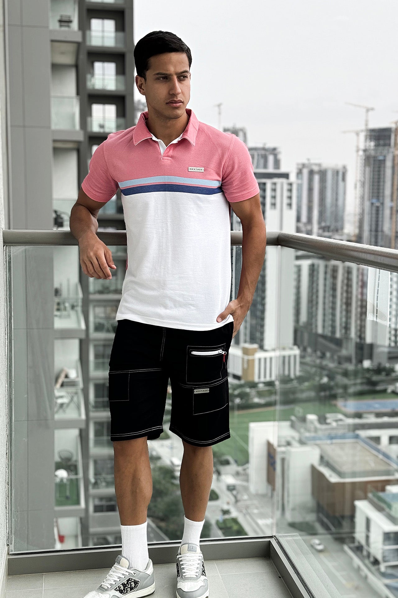 Dyed Yarn Striped Contrast Polo Short Set