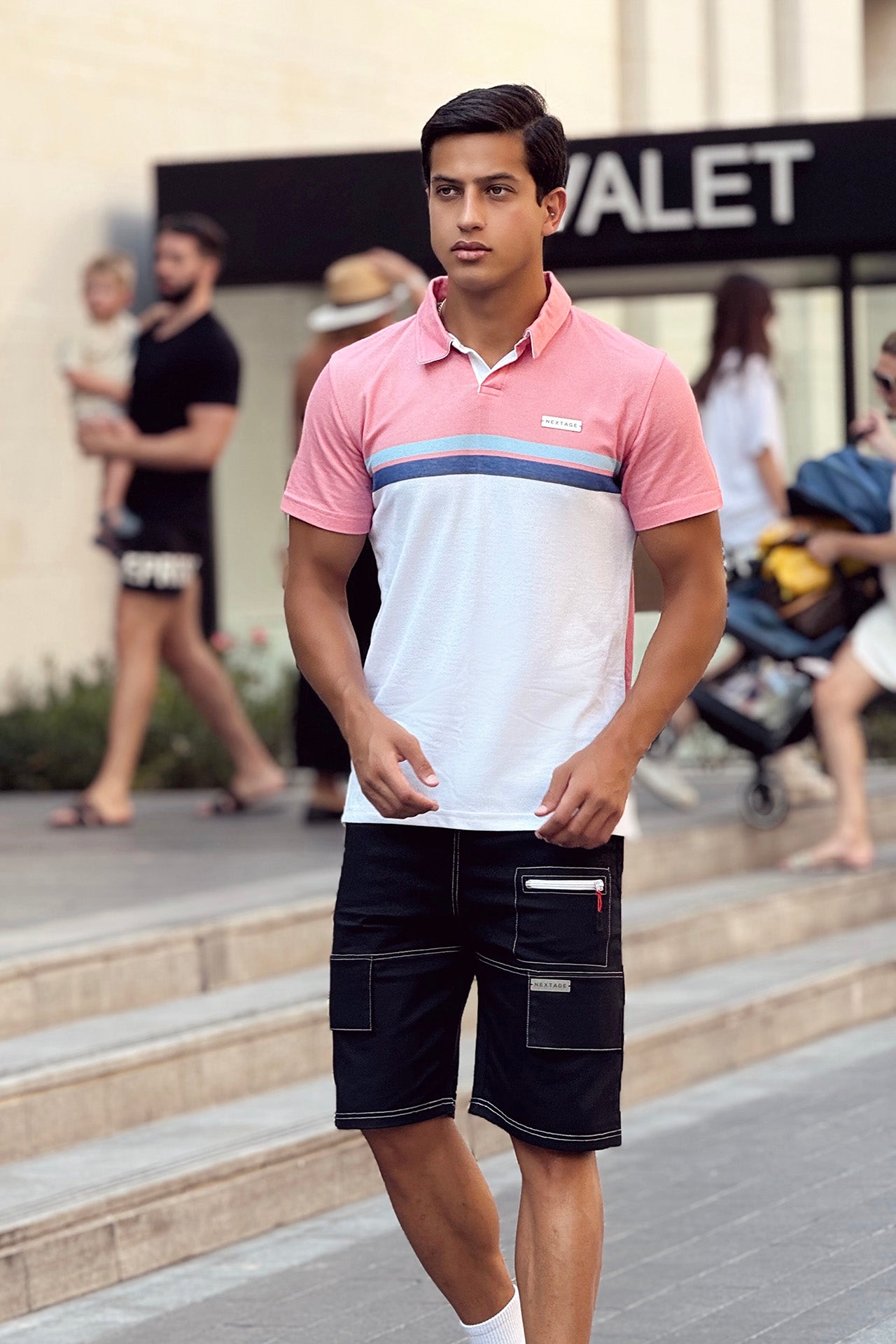 Dyed Yarn Striped Contrast Polo Short Set
