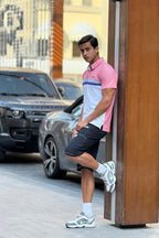 Dyed Yarn Striped Contrast Polo Short Set