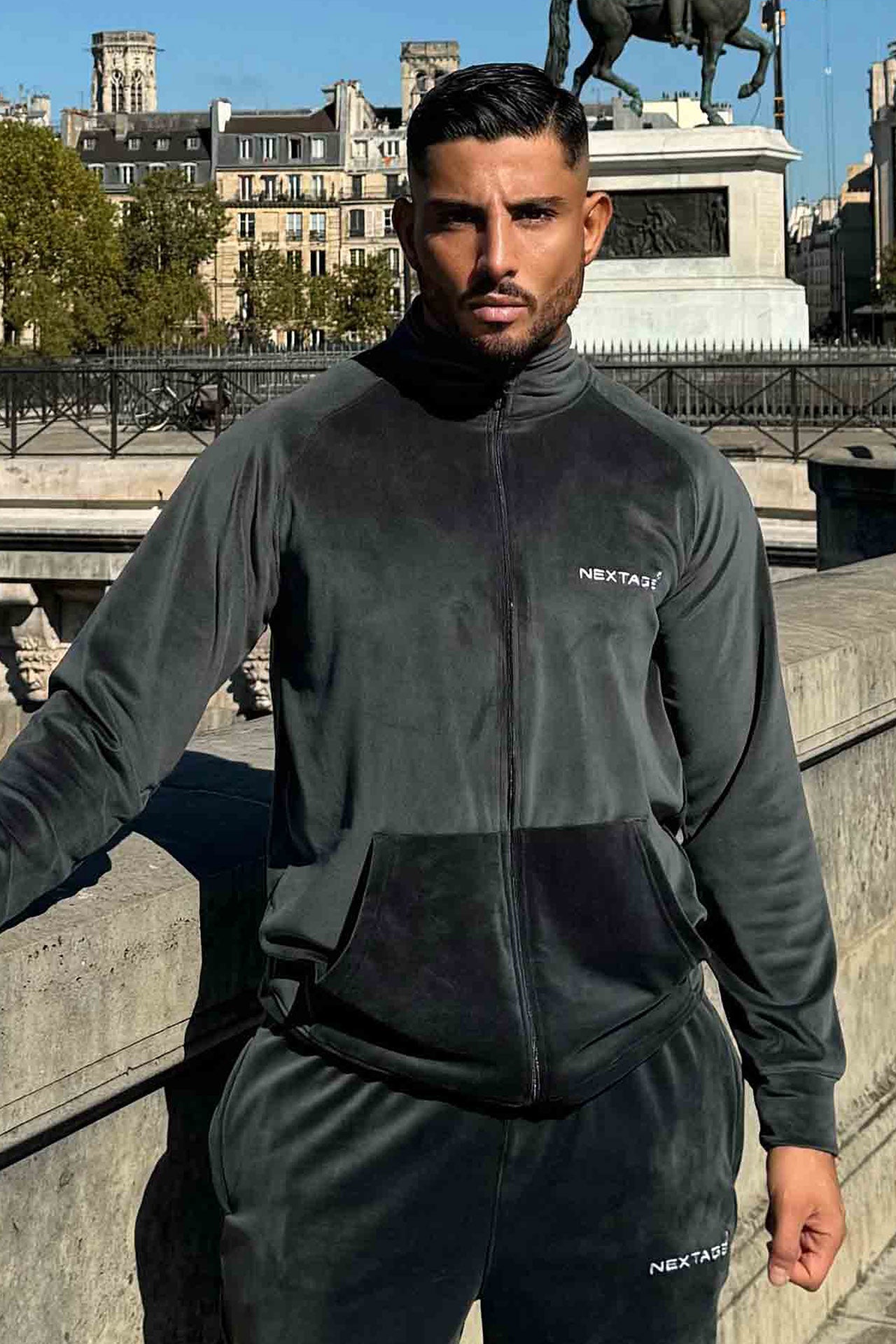 Velour Corduroy Grey Zipper Sweatshirt