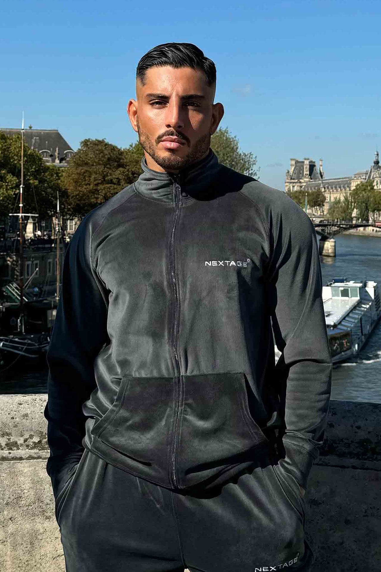 Velour Corduroy Grey Zipper Sweatshirt