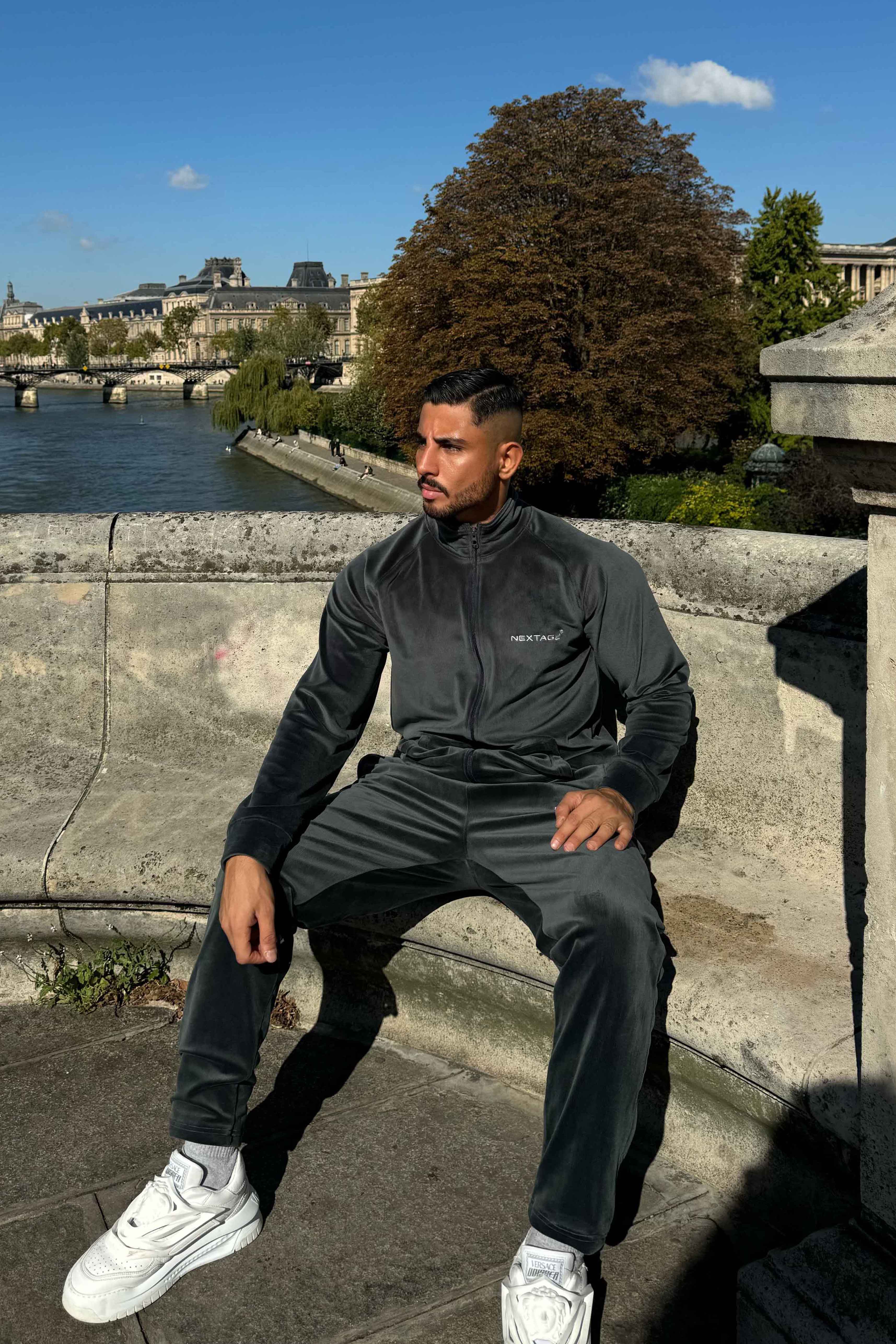 Nextage Corduroy Dark Grey Embroidered Tracksuit