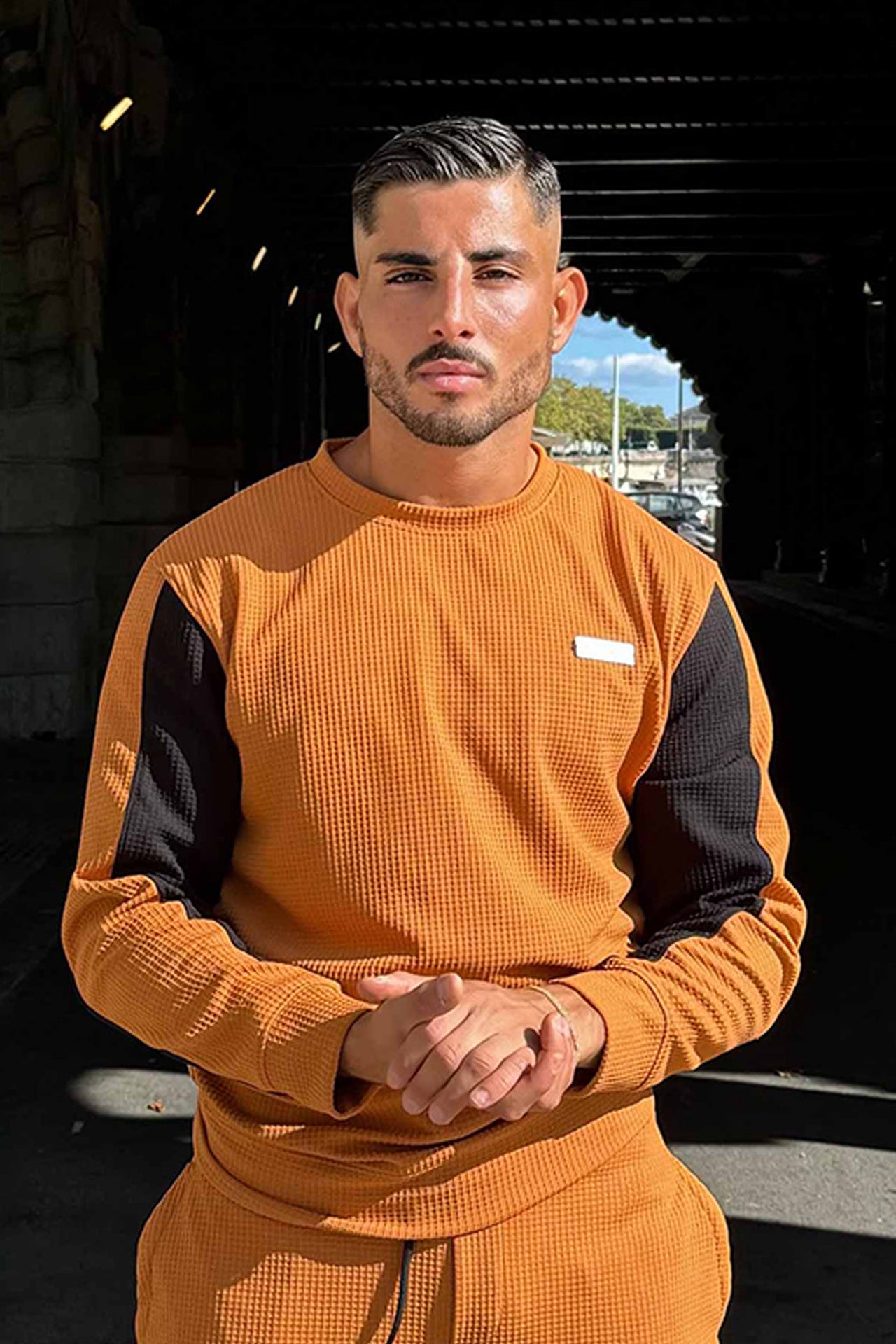 Textured Tan Black  Crew Neck Sweatshirt