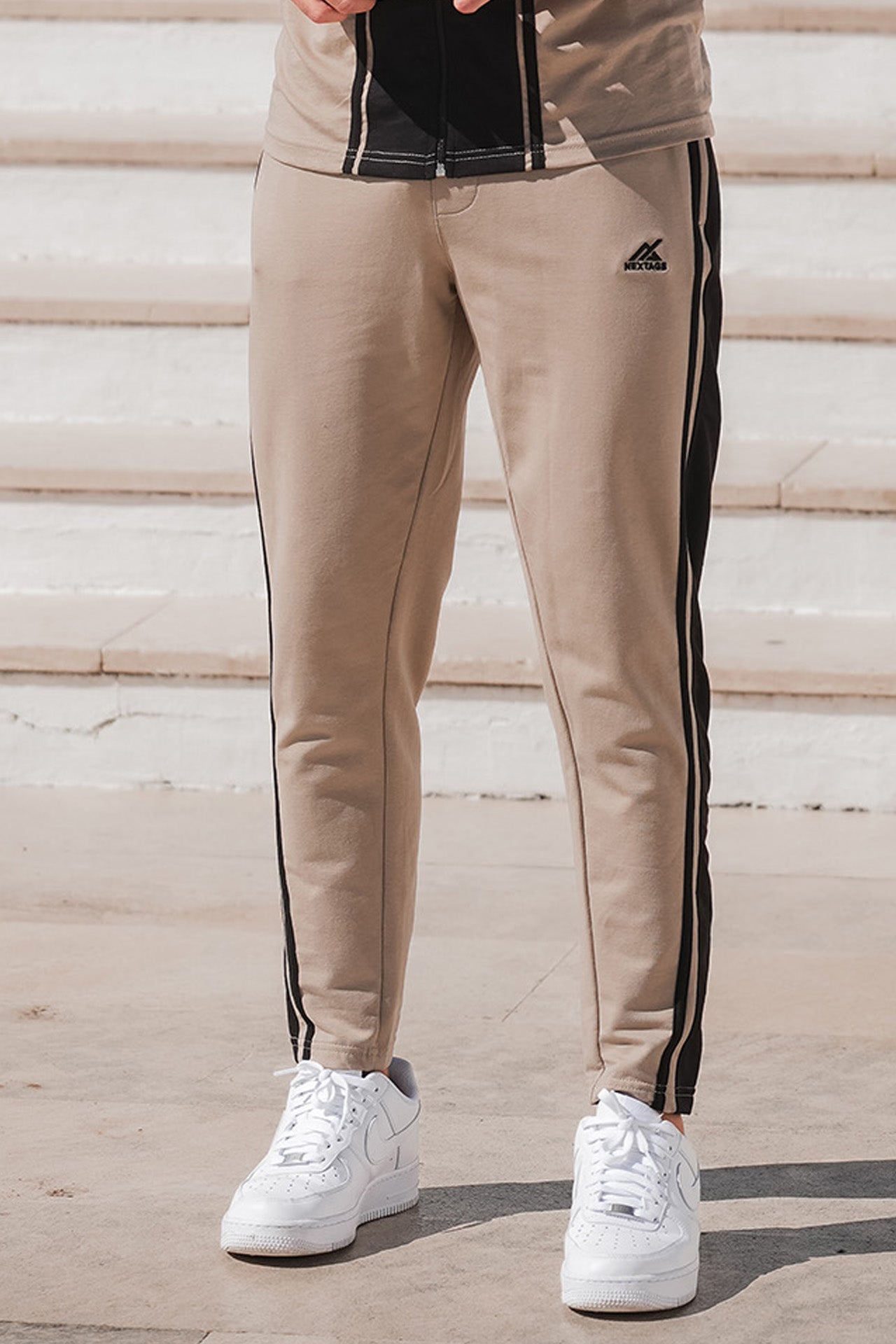 Beige Side Stripe Embroider Logo Trouser