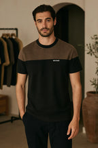 Nextage Charcoal Beige Panel Round Neck T-Shirt