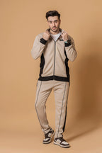 Model wearing Men's Moss Grey Piping Detail Funnel Neck Zip through Sweat Suit full view-