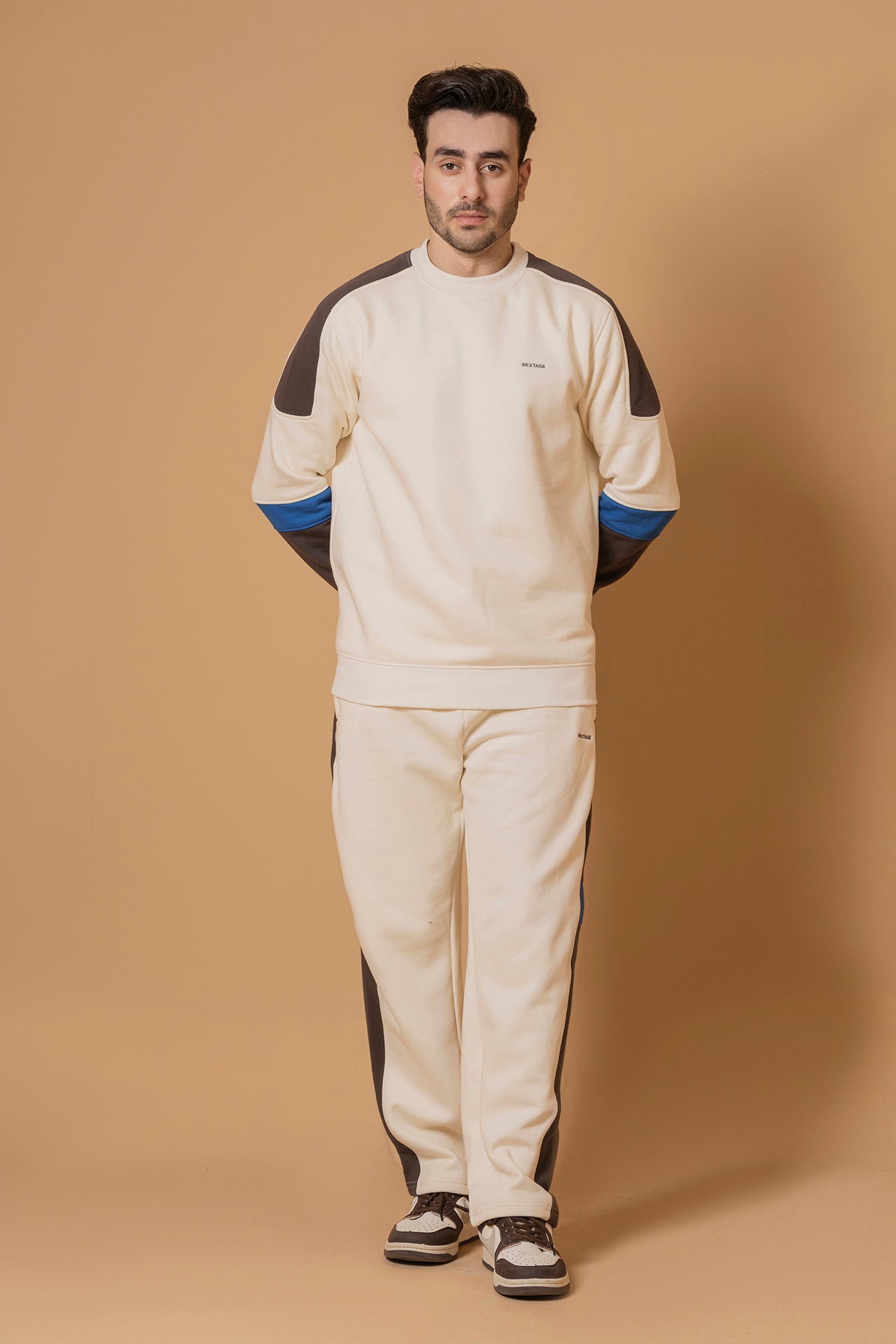 Full body view of Nextage men’s contrast cream crew neck cotton tracksuit, two-piece casual wear