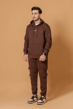Model wear Mens street wear brown hooded cargo jogger two piece set full view of tracksuit with high density printing