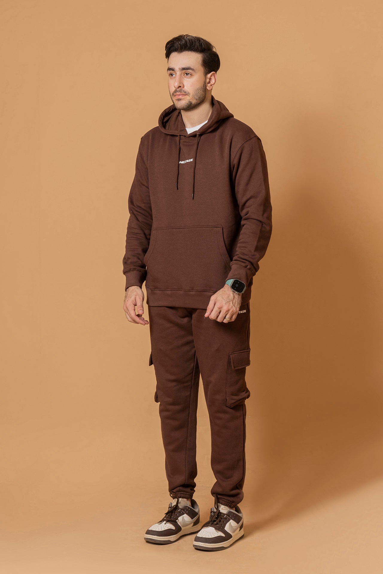 Model wear Mens street wear brown hooded cargo jogger two piece set full view of tracksuit with high density printing
