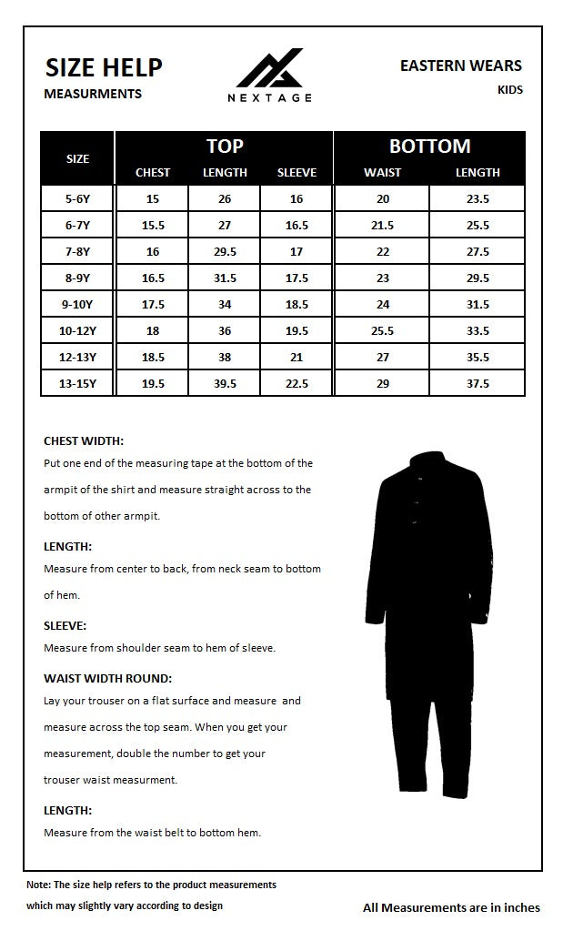 Size chart for Black Kids Designer Shalwar Kameez- Nextage