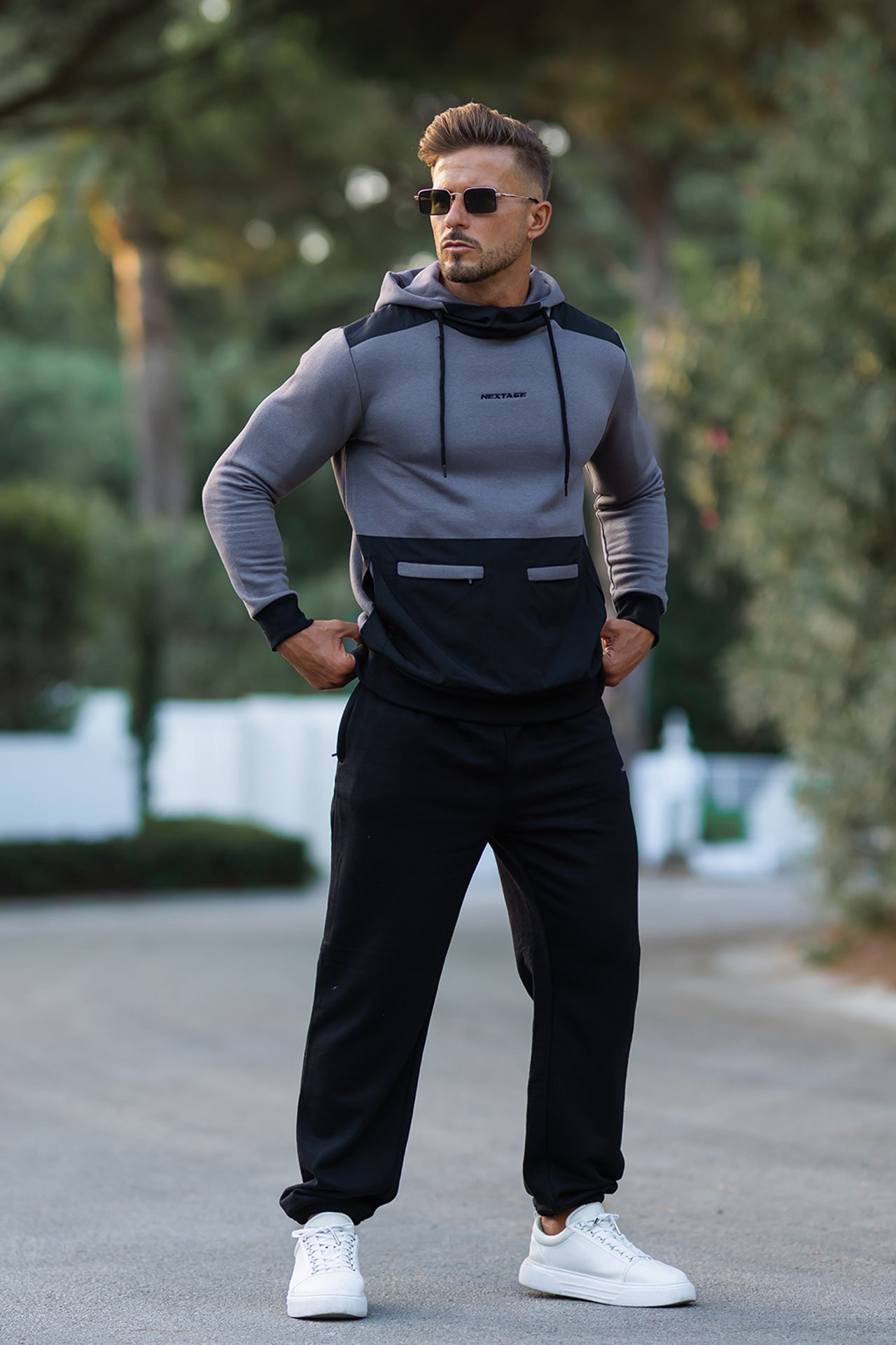 Model wearing Nextage Urban Grey cotton fleece winter tracksuit
