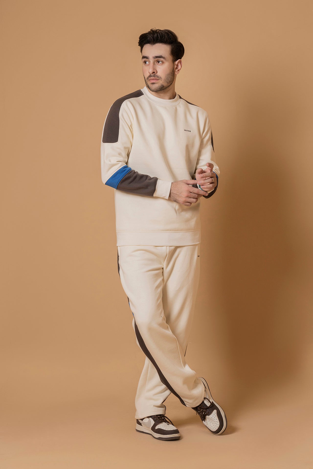 Front view of Nextage men’s contrast cream crew neck cotton tracksuit, slim fit casual set