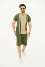 Quarter Zip Polo Green Contrast Short Set