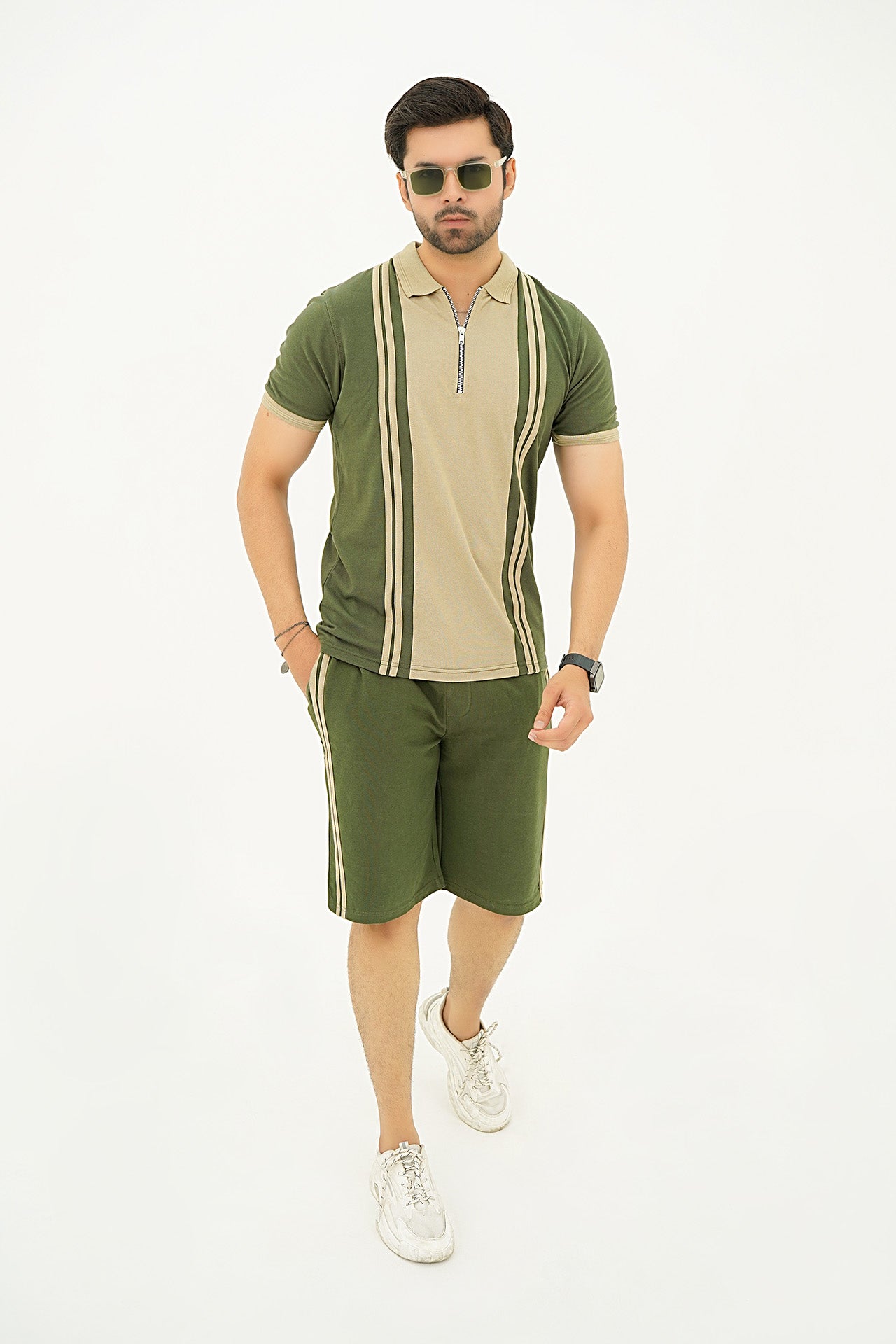 Quarter Zip Polo Green Contrast Short Set