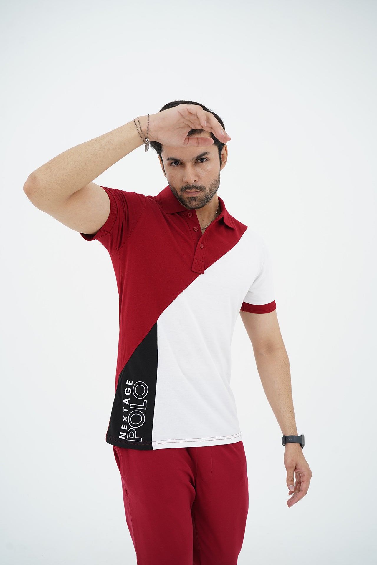 Nextage Slogan Polo White Maroon Tracksuit