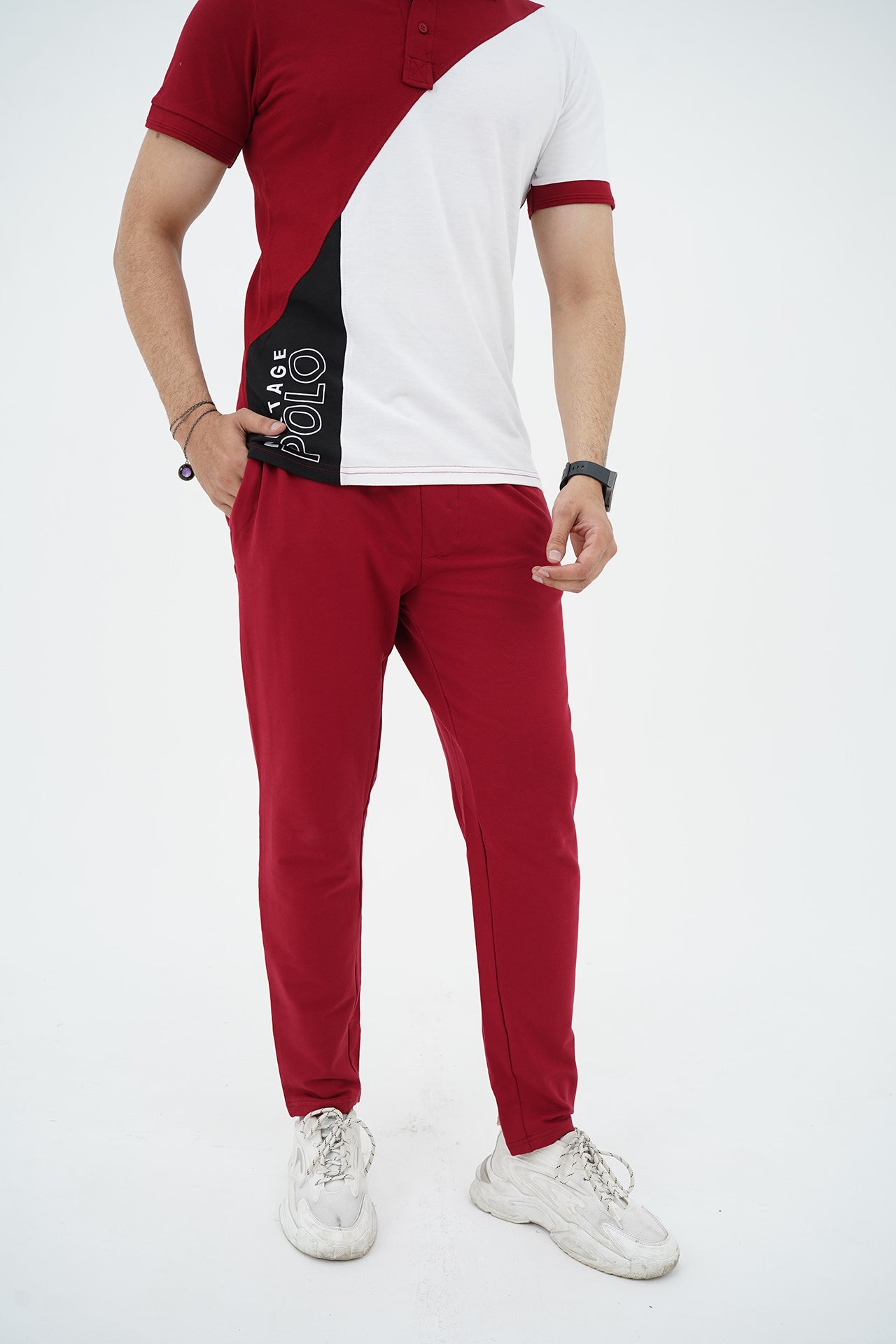 Nextage Slogan Polo White Maroon Tracksuit